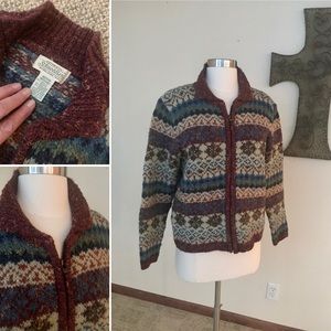 Zip up sweater, maroon and multi
